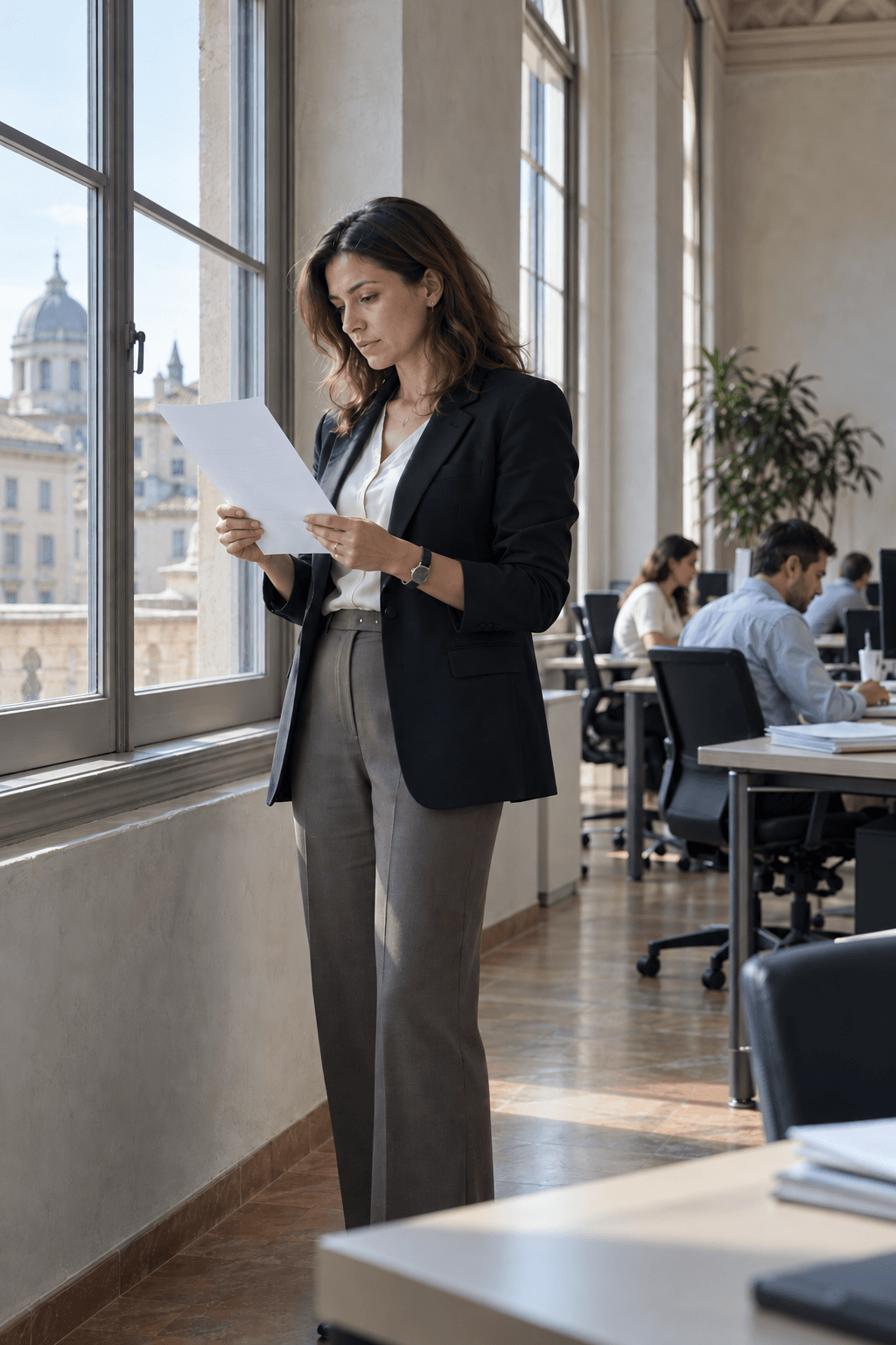 A claims specialist reading a single case document by a tall window