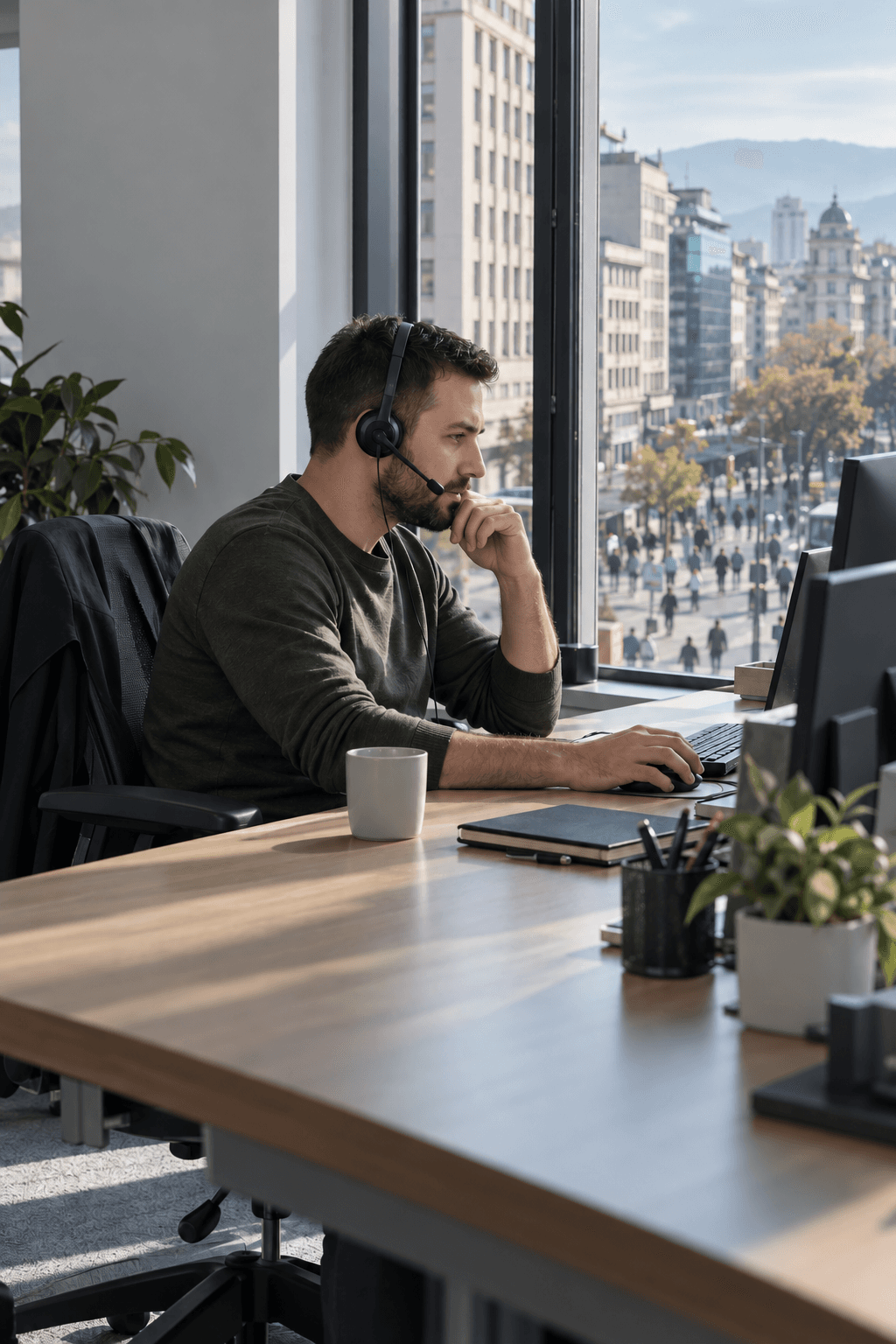 A support engineer with a headset on duty by an office window