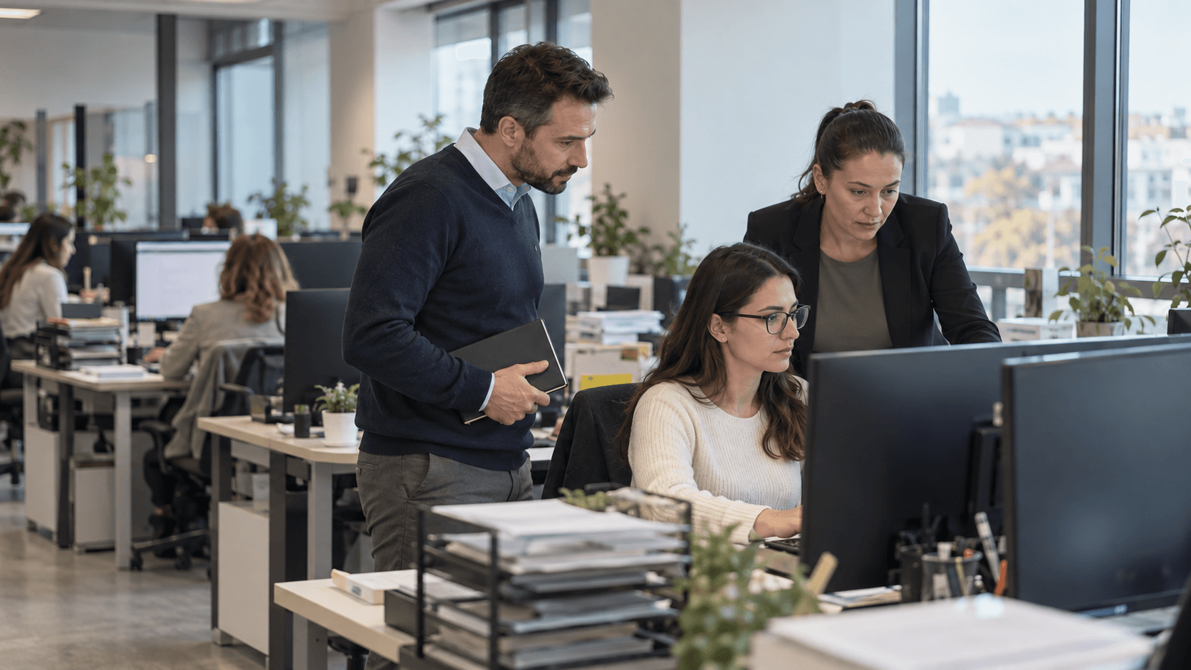 A consultant observing how an accounts clerk works, beside her supervisor