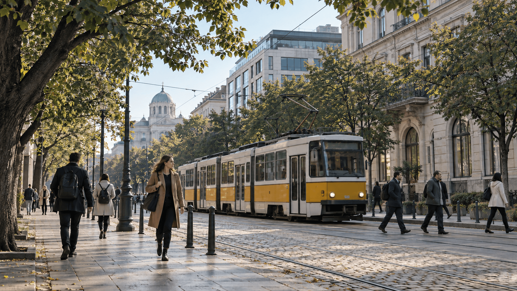 Morning on a tree-lined boulevard with yellow cobblestones in central Sofia