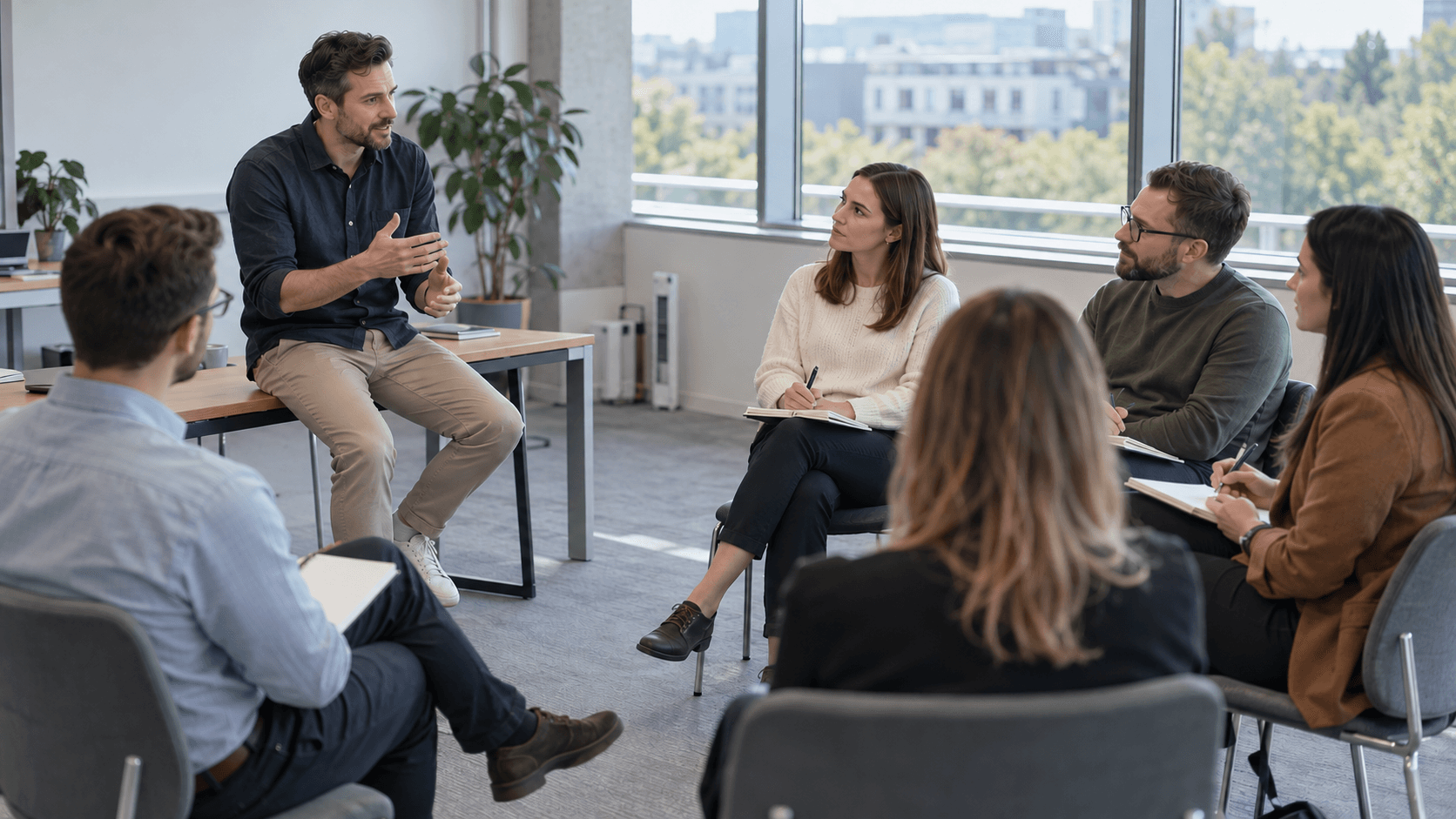 An instructor leading a small training session in a seminar room