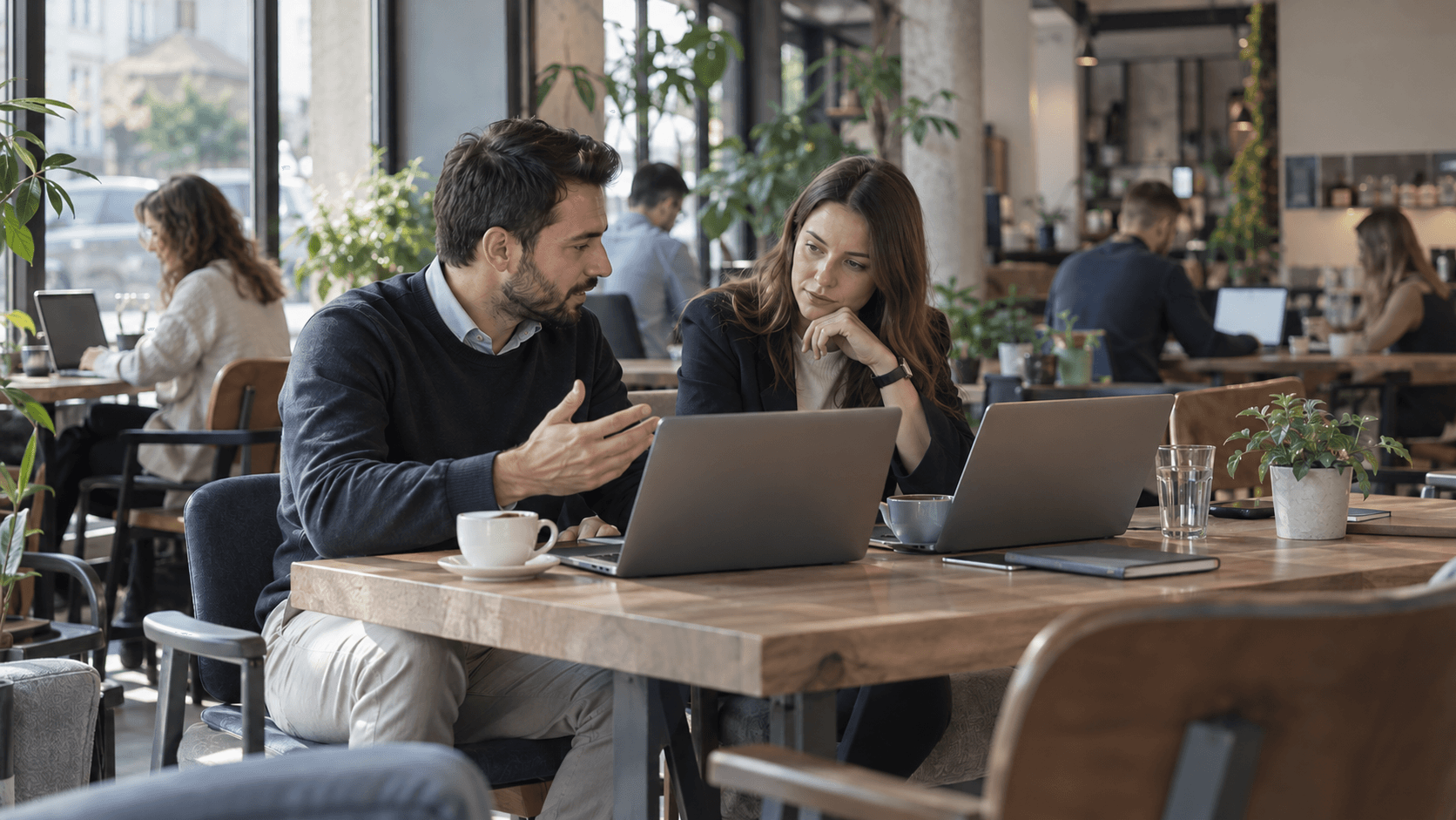 Two colleagues talking through a problem in a co-working space