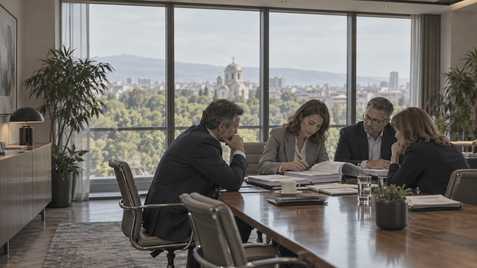 A credit committee reviewing a loan file around a table