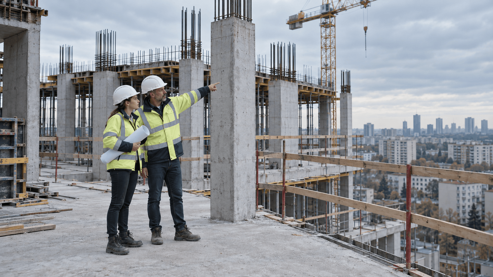 A site manager and a project engineer reviewing a concrete structure on site