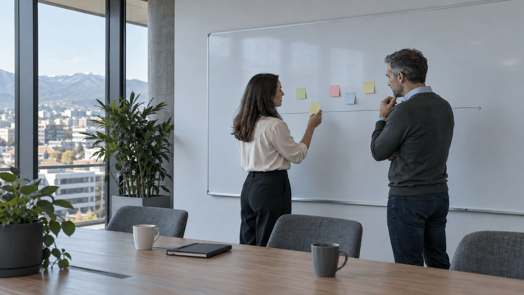 Two people framing a problem at a whiteboard with blank sticky notes