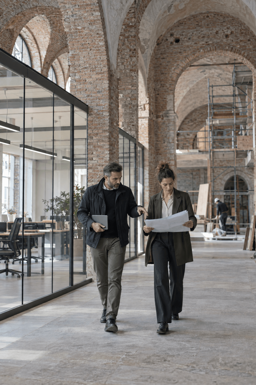 A director and an architect walking through a historic building converted into modern offices