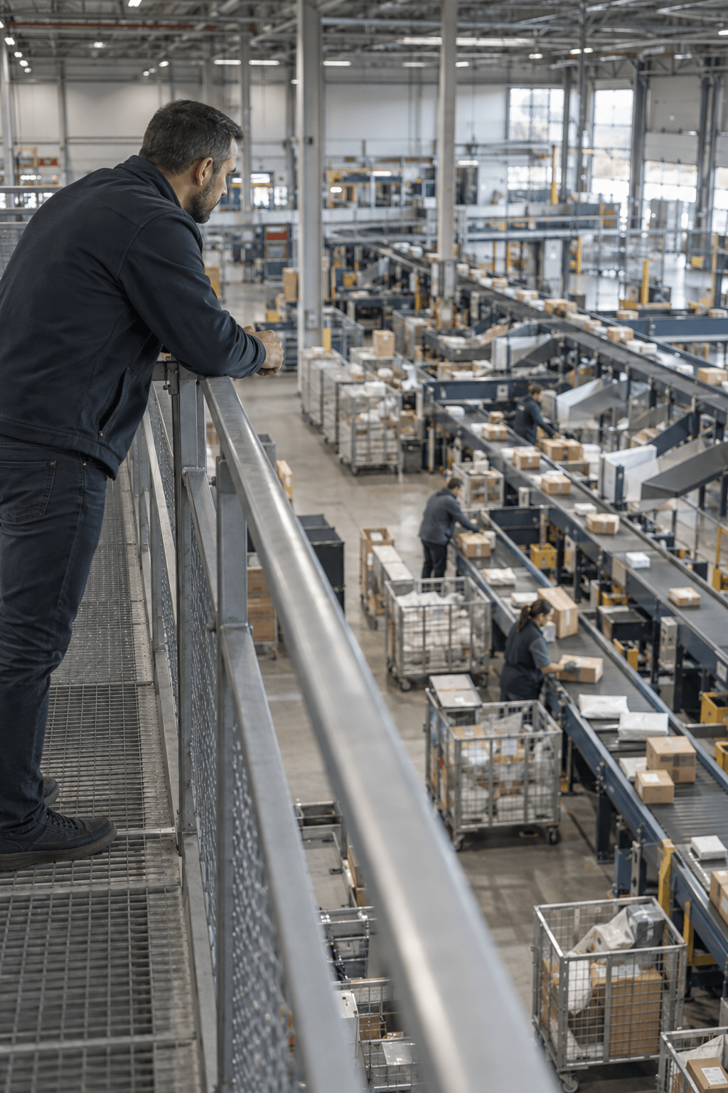 A process lead looking down over parcel sorting lines from a walkway