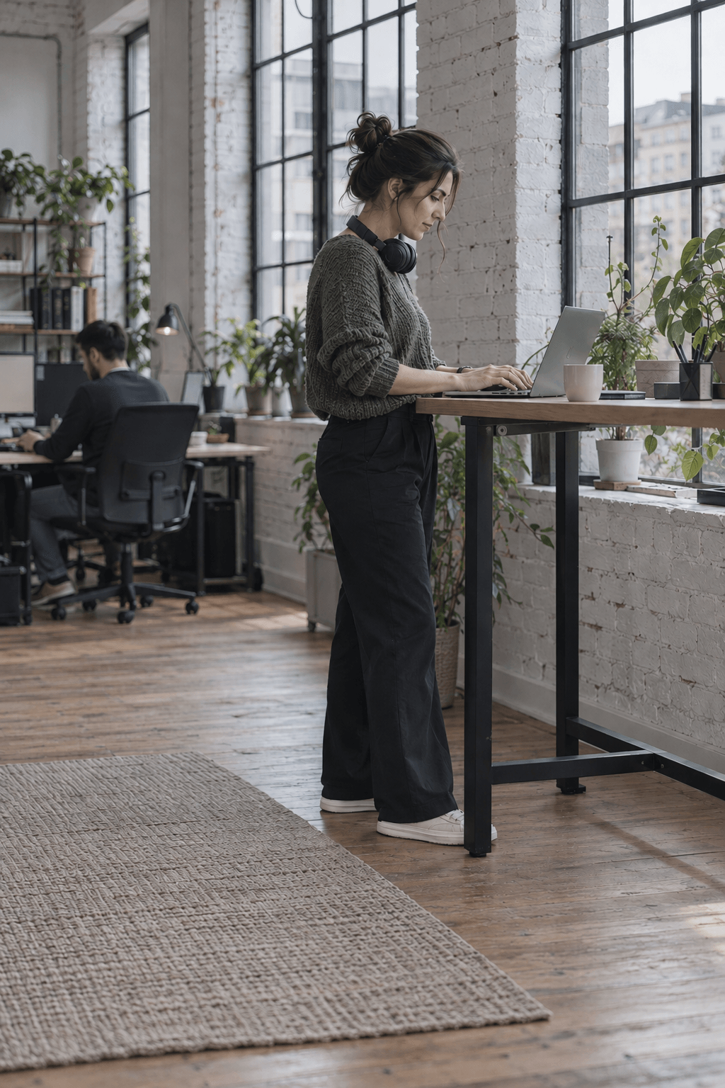A software engineer working at a standing desk in a converted industrial studio