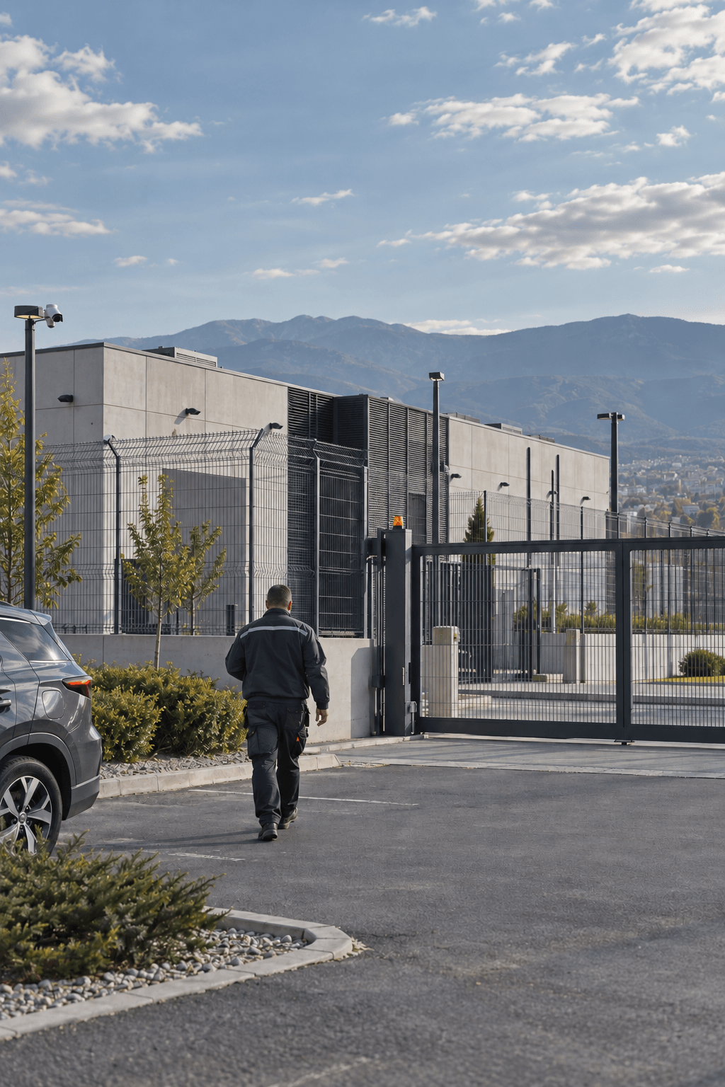 A technician walking to the secured gate of a data-centre building