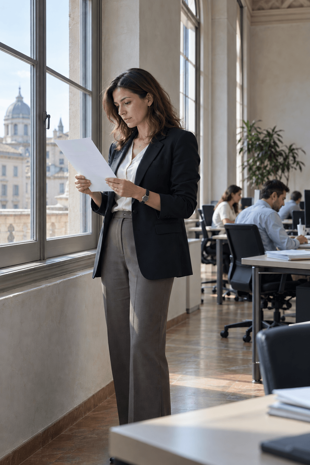 A claims specialist reading a single case document by a tall window